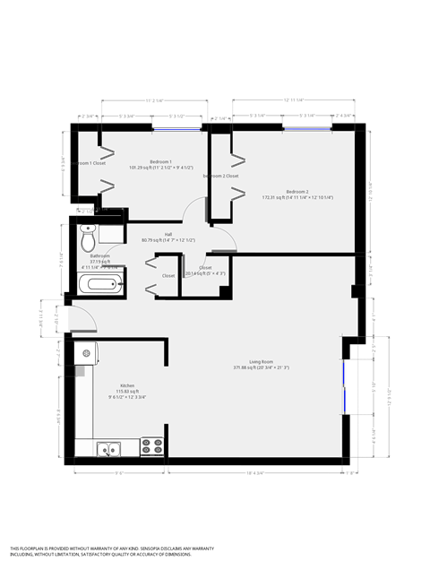 Floor plan for 2 beds, 1 bath, 830 sqft
